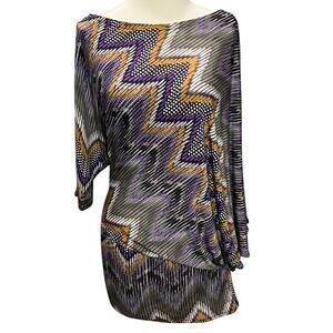 Snap Y2K Tunic Dress S Purple Chevron Asymmetric Off Shoulder‎ Boho Eclectic USA